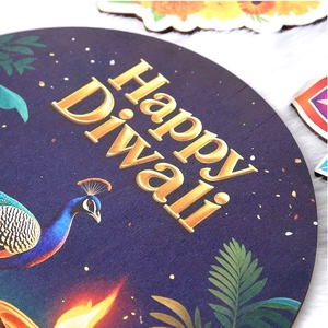 Macro view of Happy Diwali wooden plaque with colorful peacock and flame printing