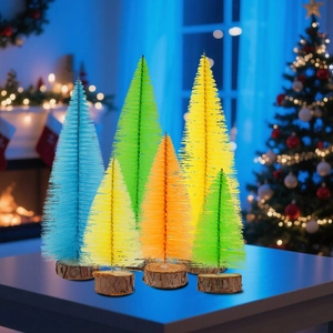 Set of 6 colorful mini sisal Christmas trees with wood bases for festive table decoration