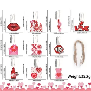 Detailed size chart showing 10 designs of Valentine wooden heart and bear ornaments
