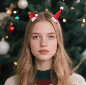Nahaufnahme süßer mini roter Plüsch-Weihnachtsmützen-Haarspangen, getragen am Modell