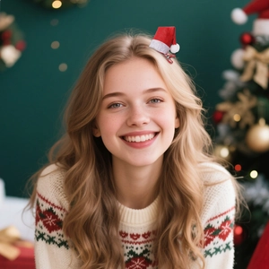 Nahaufnahme einer festlichen roten Weihnachtsclip-Haarnadel getragen von einer Frau