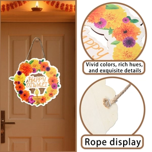 Wooden Happy Diwali door hanging with marigold flower design and traditional diya symbols
