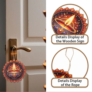 Détail d'un ornement en bois Diwali avec motif Diya et corde en jute pour décoration de fête