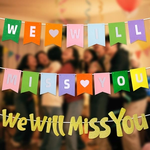 Colorful felt and gold glitter We Will Miss You banner for retirement party decorations