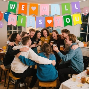Colorful felt 'WE WILL MISS YOU' farewell party banner with heart decorations