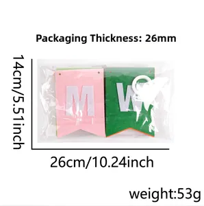 Detailed view of colorful felt We Will Miss You banner set with dimensions and packaging