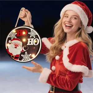Wooden Christmas door sign with warm LED lights featuring Santa Claus and HO HO text