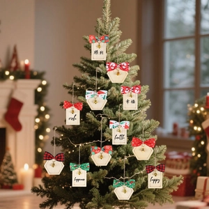 Macro shot of wooden Christmas tree ornaments with decorative bows and metal bells