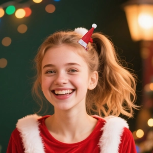 Mini-Weihnachtsmütze Haarklammer aus rotem Stoff mit Plüschbommel am Modell getragen