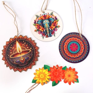 Diwali wooden elephant and mandala candle ornaments set of 4 with hanging strings