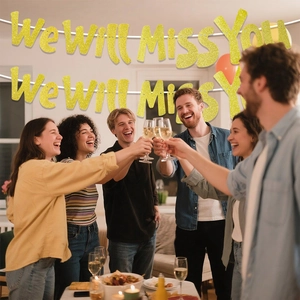 Golden glitter We Will Miss You banner for retirement or farewell party decorations