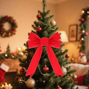 Detail of red velvet Christmas bow with gold glitter edges on a festive tree branch