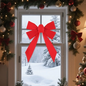 Detailed view of red velvet Christmas bow hanging on window with festive garland