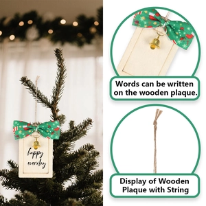 Christmas wooden plaque hanging with green bow and bell for holiday decoration