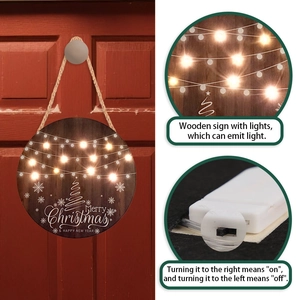 Illuminated Christmas wooden welcome sign with Merry Christmas lettering and LED lights