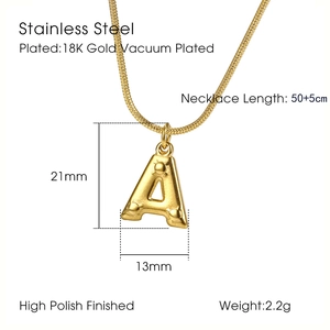 Detailed specs of stainless steel initial A necklace with 18K gold plating and snake chain
