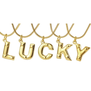 Golden 3D LUCKY initial pendant necklace set with round stud details on snake chain