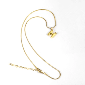 Detailed view of the golden H letter pendant and snake bone chain with lobster clasp