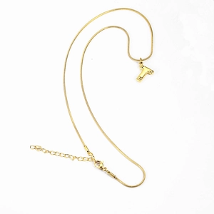 Close-up of gold snake chain necklace with a textured letter T alphabet pendant