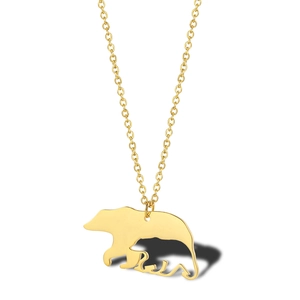 Collier Pendentif Ours Mère et Enfant Creux en Acier Titane Plaqué Or 18K Bijoux de Mode Chaîne de Clavicule Femme