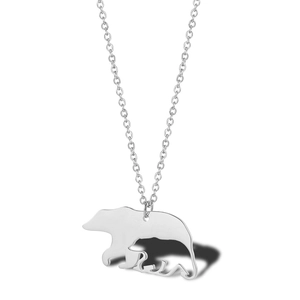 Collier maman ours et ourson évidé en acier titane argenté au design minimaliste chic