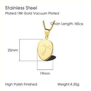 Détails du pendentif visage abstrait plaqué or 18K avec dimensions et longueur de chaîne