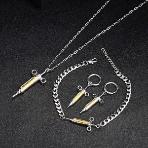 Hip-hop syringe pendant jewelry set including necklace bracelet and earrings