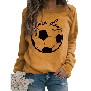 Women's mustard yellow Game Day sweatshirt with football print and crew neck