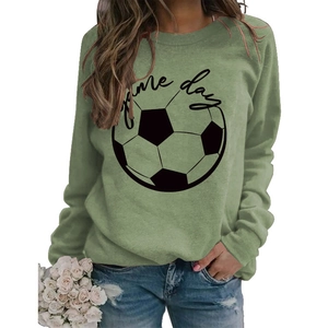 Sage green game day sweatshirt featuring black football graphic and casual crewneck style