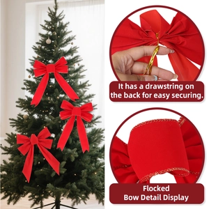 Large red velvet Christmas bow for holiday tree decor with gold metallic twist ties