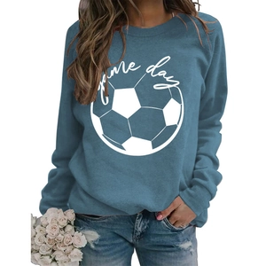 Detail of loose-fit fog blue crewneck sweatshirt with white Game Day football print
