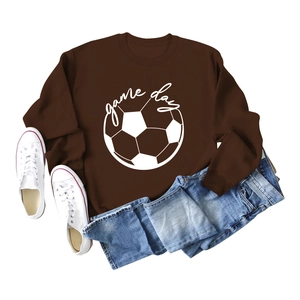 Casual brown crewneck sweatshirt with Game Day football print and white sneakers layout