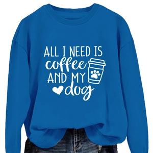 Royal blue crewneck sweatshirt featuring coffee and dog print with casual denim jeans