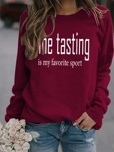 Detail view of Wine Tasting Is My Favorite Sport white print on burgundy sweatshirt