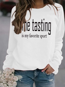 Detail of white crewneck sweatshirt featuring Wine Tasting Is My Favorite Sport print