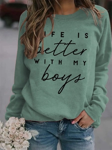 Close-up of LIFE IS BETTER WITH MY boys print on sage green crewneck sweatshirt