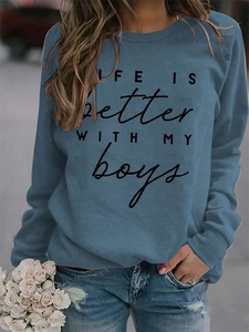 Detail shot of navy blue sweatshirt featuring LIFE IS BETTER WITH MY boys print design