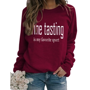 Detail of Wine Tasting slogan print on burgundy long sleeve crewneck sweatshirt