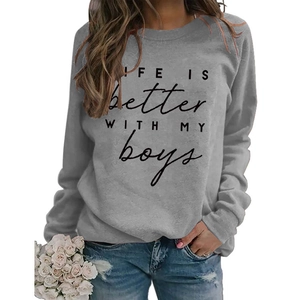 Close-up of LIFE IS better WITH MY boys print on a grey crewneck sweatshirt