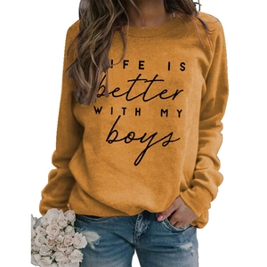 Detail of ginger yellow sweatshirt with Life Is Better With My Boys letter print