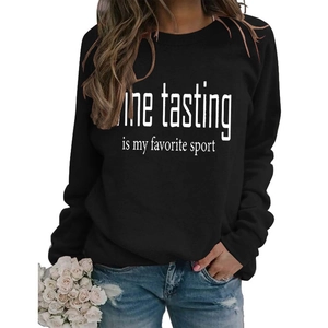 Women's black crew neck sweatshirt with white Wine Tasting is my favorite sport print