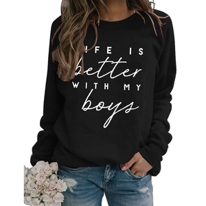 Women's black crewneck sweatshirt with Life Is Better With My Boys print and blue jeans