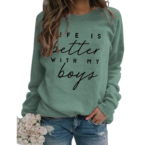 Detail of sage green sweatshirt with LIFE IS better WITH MY boys print on front