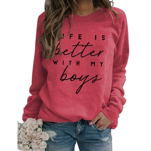 Detail of LIFE IS BETTER WITH MY BOYS black letter print on brick red crewneck sweatshirt