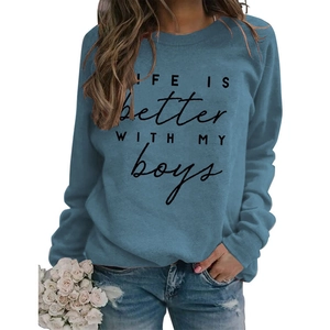 Detail of blue crewneck sweatshirt with LIFE IS better WITH MY boys text print