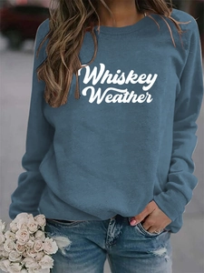Navy blue crewneck sweatshirt with white Whiskey Weather text and drop shoulder detail