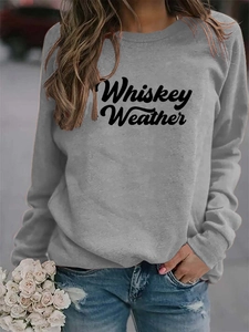 Detail of Whiskey Weather print on gray casual long sleeve crewneck sweatshirt for women
