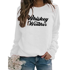 Detail of Whiskey Weather graphic print on a white casual long-sleeved sweatshirt