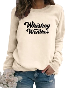 Detail of Whiskey Weather slogan sweatshirt with ribbed knit cuffs and crew neckline