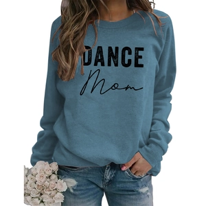 Detail of DANCE MOM printed lettering on fog blue long sleeve crewneck sweatshirt